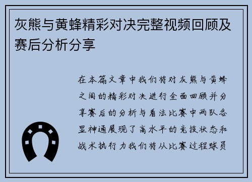 灰熊与黄蜂精彩对决完整视频回顾及赛后分析分享